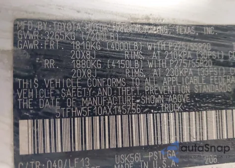 2010 Toyota Tundra Limited 5.7L V8 z USA, uszkodzony, nr VIN 5TFHW5F10AX145756